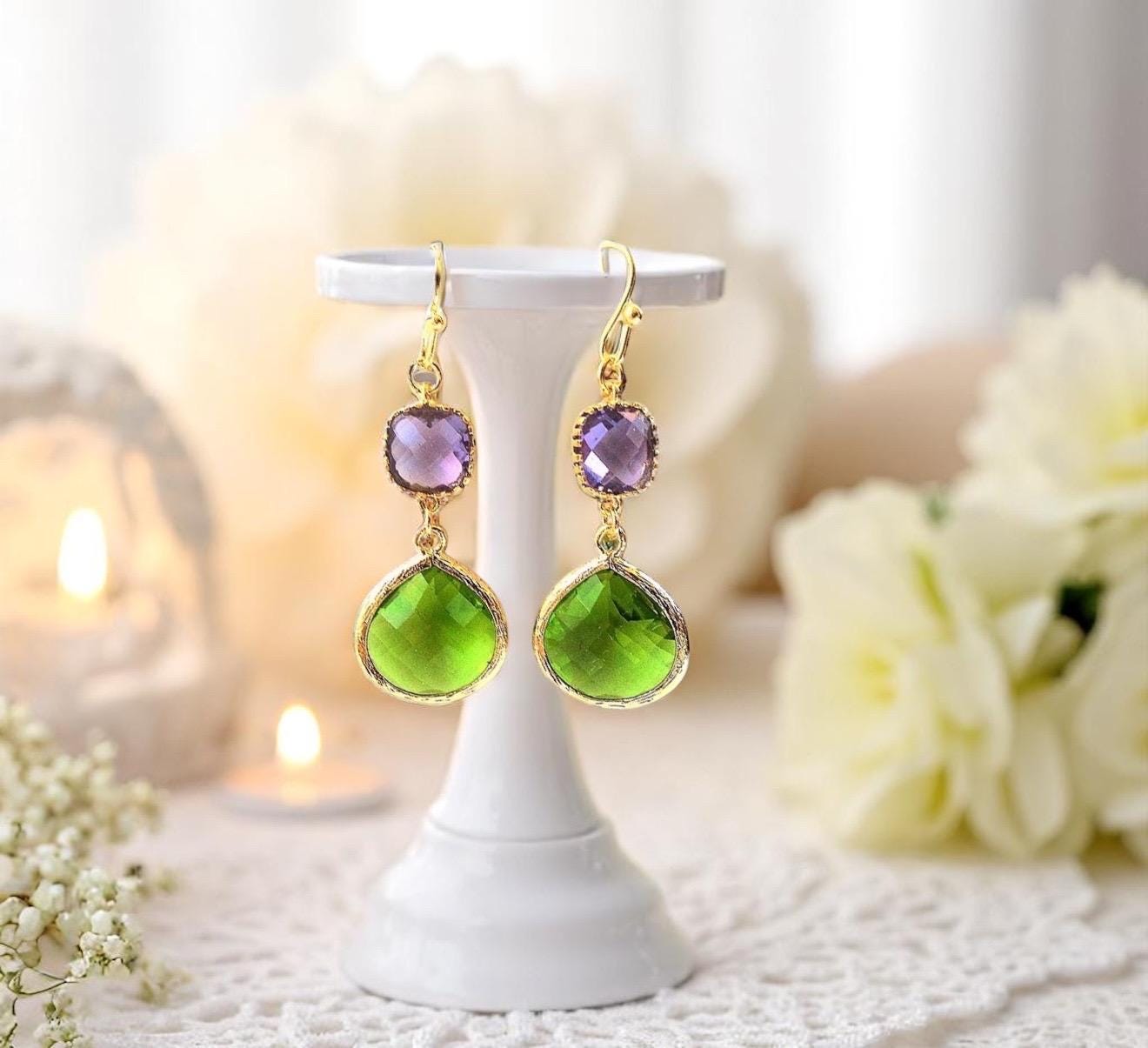 Boucles d'oreilles péridot améthyste : bijoux pendants faits main en plaqué or
