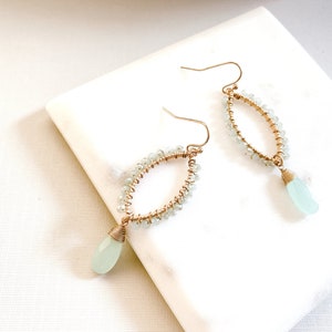 Aqua Blue Chandelier Earrings, Vintage Light Blue Dangle Earrings,Spring gold earrings, Summer beach earrings image 5
