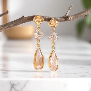 Champagne Dangle Earrings: Peach Stone, Light Brown Topaz, Art Deco Earring