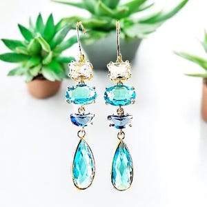 Aqua Blue Dangle Earrings: Art Deco Azur Jewelry Birthday gift Aquamarine Jewelry