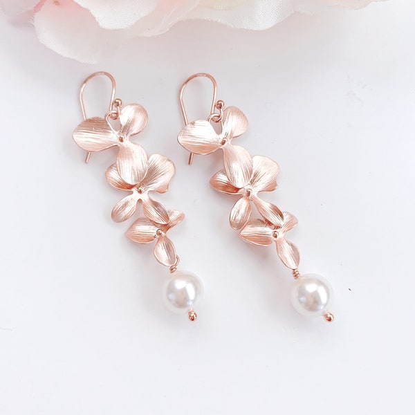 Orchid Flower Earrings Pearl Earrings, Bridal Earrings, Rose Gold earrings, Bridesmaid gifts, Floral Bridal Earrings, MOB Gift, MOG Gift