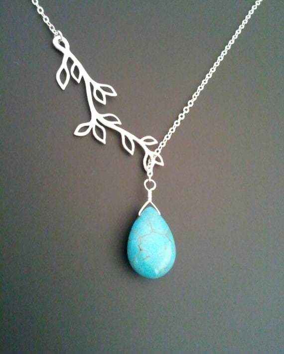 Turquoise Necklace: 14K Gold Jewelry turquoise Earrings, Leaf Bracelet, Family Tree necklaces Birthday gift