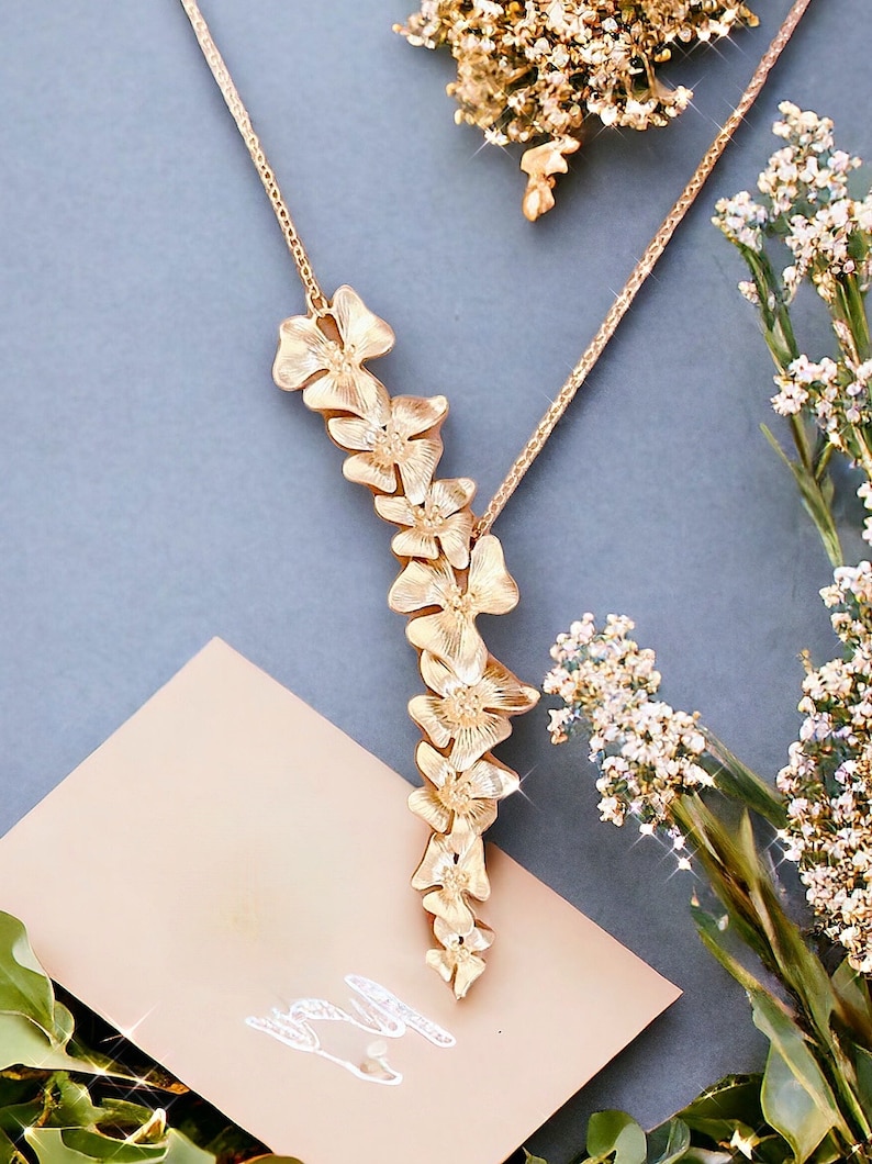 Wild Orchid Flower Necklace Flower Gold Statement Necklace for women Bridesmaid Gift Personalized gift for Mom Jewelry Mothers day gift image 10