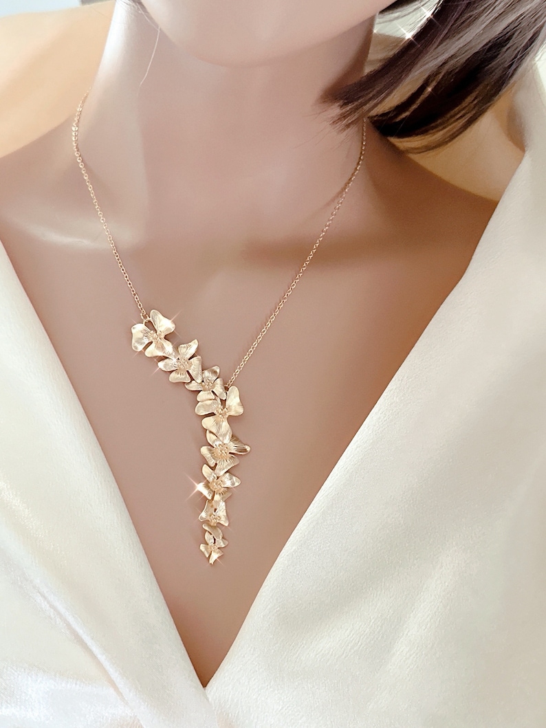 Wild Orchid Flower Necklace Flower Gold Statement Necklace for women Bridesmaid Gift Personalized gift for Mom Jewelry Mothers day gift image 1