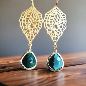 Emerald Filigree Earrings: Oriental gold dangle earrings May birthstone birthday gifts