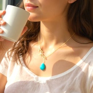 Turquoise Necklace: 14K Gold Jewelry turquoise Earrings, Leaf Bracelet, Family Tree necklaces Birthday gift image 6