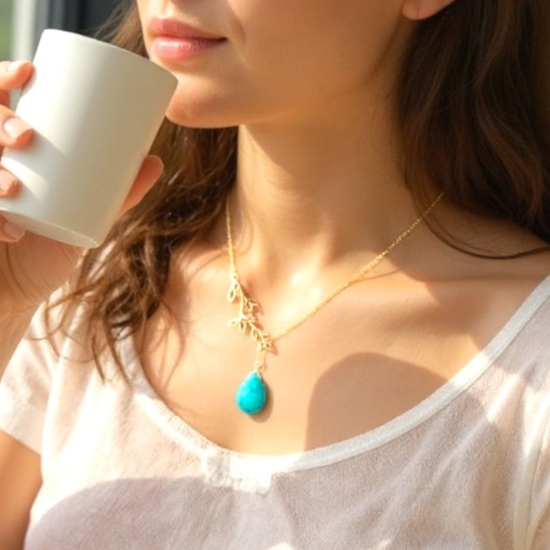Turquoise Necklace: 14K Gold Jewelry turquoise Earrings, Leaf Bracelet, Family Tree necklaces Birthday gift image 6