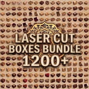 Può includere: Una collezione digitale di oltre 1200 scatole in legno tagliate al laser in varie forme e dimensioni, con motivi complessi. L'immagine mostra una griglia di questi piccoli contenitori con il testo LASER CUT BOXES BUNDLE 1200+.