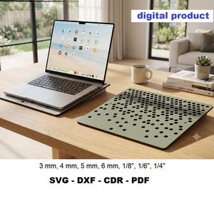 May include: A digital product file for a laptop stand featuring a sage green square panel with a hexagonal cutout pattern. The text reads digital product, 3 mm, 4 mm, 5 mm, 6 mm, 1/8", 1/6", 1/4", SVG, DXF, CDR, PDF. A laptop sits on a similar stand.