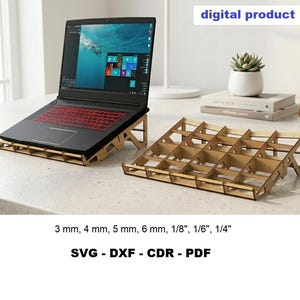 May include: A laser-cut wooden laptop stand with a grid-like structure, shown supporting a black laptop. The digital product includes files for 3 mm, 4 mm, 5 mm, 6 mm, 1/8 inch, 1/6 inch, and 1/4 inch thicknesses in SVG, DXF, CDR, and PDF formats.