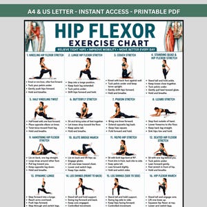May include: A printable PDF exercise chart titled Hip Flexor Exercise Chart, featuring sixteen numbered illustrations of a person performing various stretches. The chart includes text instructions for each movement, set against a white background.