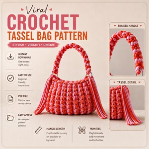 Crochet Bag Pattern PDF | T-Shirt Yarn Handbag | Chunky Tassel Purse Tutorial | Confident Beginner | 3 Sizes | Digital Download | Easy Guide