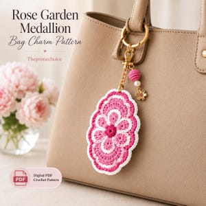 Crochet Bag Charm Pattern | Rose Medallion Keychain PDF | Floral Purse Accessory | Instant Download