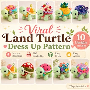 Land Turtle Dress Up Crochet Pattern Bundle | 10 Removable Shell Amigurumi PDF Patterns with Fruit, Dessert, and Flower Designs