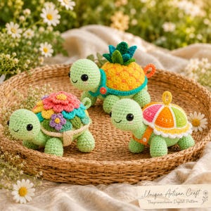Land Turtle Dress Up Crochet Pattern Bundle | 10 Removable Shell Amigurumi PDF Patterns with Fruit, Dessert, and Flower Designs