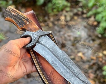 Handmade Damascus Steel Hunting Knife with Stag Antler Handle, Custom Raindrop Fixed Blade Outdoor Bushcraft Knife, Groomsmen Gift Knife