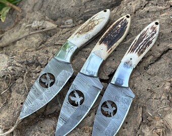 Damascus Steel Skinning Knife, Deer Antler Handle, Bird Cutout, Leather Sheath