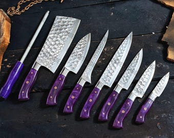 7-Piece D2 Steel Chef Knife Set, Purple Resin Handle, Hammered Blade, Leather Roll Bag