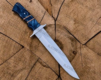 Handmade Stainless Steel Bowie Knife, Custom Mirror Polish Hunting Knife with Blue Swirl Resin Handle, Fixed Blade Outdoor Survival Gift