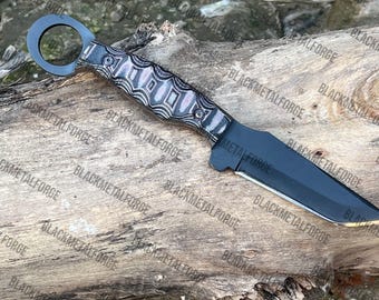 8.5" Tanto Survival Knife – Textured Micarta Handle, Full Tang Bushcraft Tool (Leather Sheath)