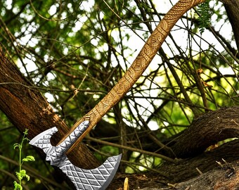 Hand Forged Viking Double Axe – Engraved Ash Handle, Norse Collectible Prop