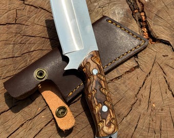 Handmade D2 Steel Mini Tracker Cleaver Knife - Pakkawood Handle Fixed Blade EDC Pocket Knife with Leather Sheath - Outdoor Bushcraft Gift