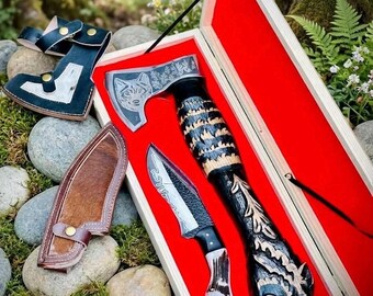 Wolf Engraved Axe and Knife Set – 5-Piece Bone Handle Hunting Combo with Wooden Box