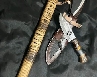Handmade Viking Axe and Knife Set, Damascus Steel Tracker, Norse Runes Hatchet, Bone Handle