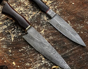 Feather Damascus Steel Chef Knife, Rosewood Handle, Buffalo Horn Kitchen Tool