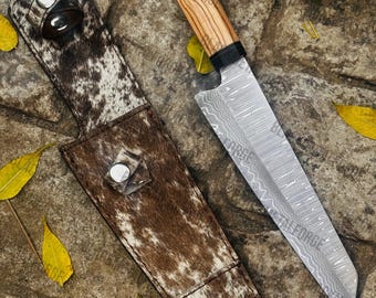 Handmade Japanese Chef Knife, 12" Damascus Steel Sakuto Gyuto, Leather Sheath