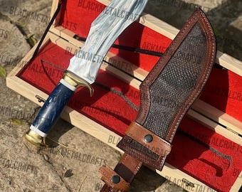 18-inch Handmade Bowie Knife, D2 Steel Blade, Blue Resin Handle, Leather Sheath, Wooden Box