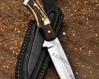 Personalized Stag Bone Hunting Knife, J2 Steel Blade, Italian Leather Sheath