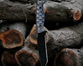 Handmade Tactical Tanto Knife 8.5 Inch, Custom G10 Carbon Fiber Ring Grip Knife with Sheath for Hunting and EDC