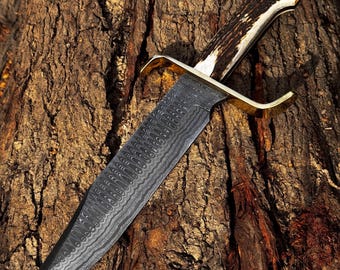 16 Inch Damascus Bowie Knife, Stag Horn Handle, Outdoor Camping Tool
