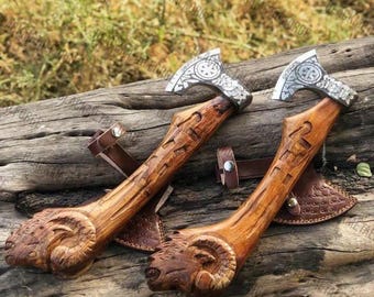 Ram Head Viking Axe – 1095 Carbon Steel, Hand-Carved Ash Wood Handle, Norse Valknut Sheath