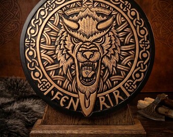 Hand Carved Wooden Viking Shield – Fenrir Wolf Norse Wall Decor, Celtic Knotwork Plaque