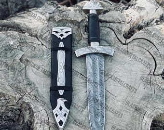 Handcrafted Viking Dagger Short Sword, Custom Damascus Steel Norse Knife, Celtic Knotwork Scabbard, Medieval Cosplay Weapon, Groomsmen Gift