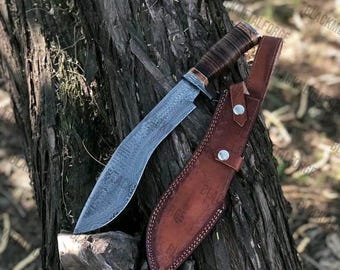 Hand-Forged Damascus Bowie Knife – 22" Custom Steel Bushcraft Camping Tool with Leather Sheath
