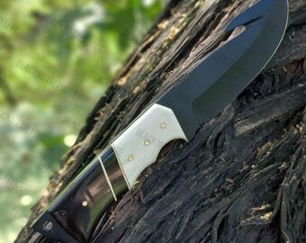 Handmade High Carbon Steel Skinner Hunting Knife, Bone Black Horn Handle, Camping Outdoors