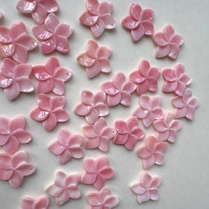 Könnte beinhalten: Eine Ansammlung kleiner, hellrosa, fünfblättriger blumenförmiger Perlen. Jede Perle hat eine glatte, glänzende Oberfläche und ein kleines Loch in der Nähe eines Blütenblatts zum Auffädeln. Die Blumen sind auf einem neutralen Hintergrund verteilt.