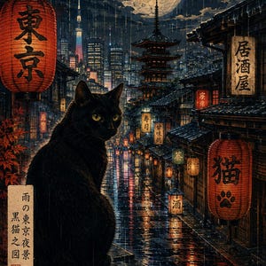 以下が含まれることがあります： 夜の雨の東京の通りを見下ろす縁に座る黒猫。シーンには日本語の文字が書かれた赤い提灯、五重塔、満月、高層ビルが描かれています。左側の縦長の看板には日本語の文字が表示されています。
