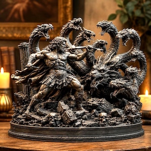 Könnte beinhalten: Eine detaillierte Metallskulptur, die einen muskulösen Krieger in Kampfhaltung zeigt, der einen Speer gegen eine mehrköpfige Hydra führt. Die Szene steht auf einem felsigen Sockel, der mit Schädeln übersät ist und komplexe Texturen aufweist.