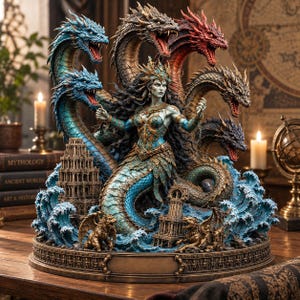 Könnte beinhalten: Eine detaillierte Skulptur mit einer zentralen Figur mit menschlichem Oberkörper und Schlangenschwanz, umgeben von fünf Drachenköpfen in Blau-, Rot- und Bronzetönen. Der Sockel enthält Miniatur-Steintürme, Wellen und kleine geflügelte Wesen.