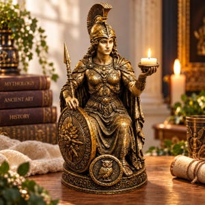 May include: A bronze-toned statue of a warrior figure wearing a plumed helmet and armor, holding a spear in one hand and a lit candle in the other. A circular shield with a central star design and an owl emblem rests at the base of the figure.