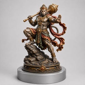 May include: A detailed statue of a muscular monkey-like deity standing on a rocky base. The figure wears ornate gold jewelry, a crown, and red and green fabric garments. It holds a large golden mace over one shoulder and has one hand raised.