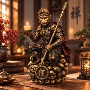 May include: A gold-toned monkey warrior figurine in ornate armor, holding a staff and a small candle holder. The figure sits atop a cloud-shaped base featuring a circular emblem with the Chinese character 猴. The warrior wears a red cape.
