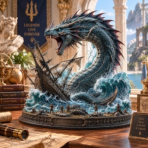 May include: A detailed sculpture of a blue sea serpent emerging from turbulent waves to attack a wooden sailing ship. The base features small figures, and a plaque reads More Than A Model A Legend. The scene is set against a backdrop of ancient ruins.