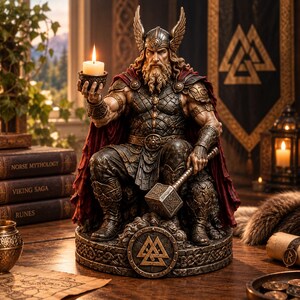 May include: A detailed resin statue of a bearded warrior wearing a winged helmet, dark armour, and a deep red cape. The figure sits on a circular base featuring a gold valknut symbol, holding a lit candle in one hand and a large hammer in the other.