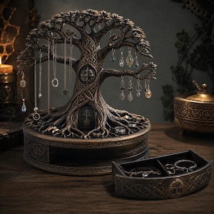 May include: A bronze-toned jewellery organiser shaped like a tree with intricate root and branch details. The base features a circular storage compartment with a pull-out drawer, displaying various necklaces hanging from branches and rings stored inside.