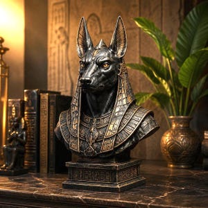Könnte beinhalten: Eine detaillierte Büste der ägyptischen Gottheit Anubis mit einem Schakalkopf, spitzen Ohren und goldenen Akzenten. Die Figur trägt einen verzierten Kragen mit komplexen Schnitzereien und steht auf einem rechteckigen Sockel mit Hieroglyphen.